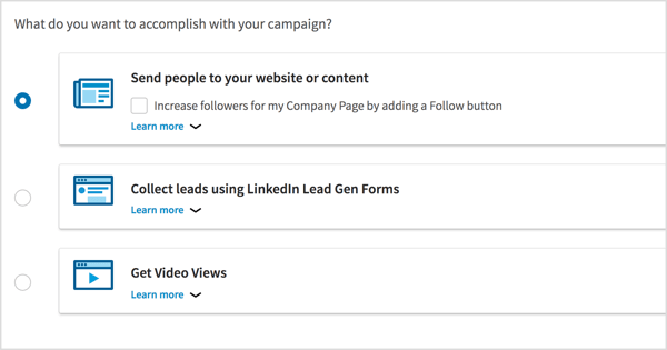 LinkedIn video reklam kampanyanız için kampanya hedefini seçin.