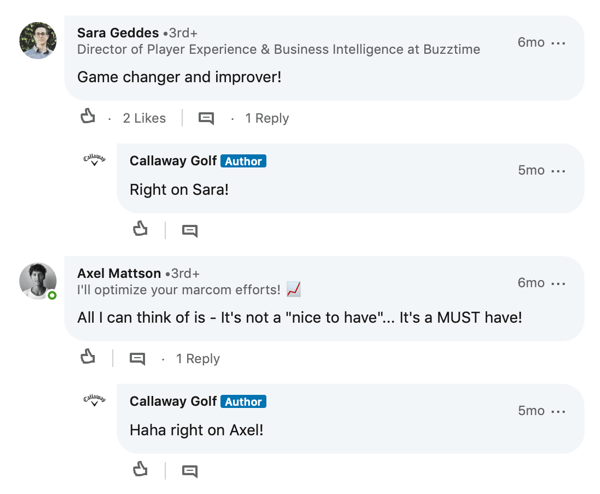 Callaway Golf gönderisi için LinkedIn üye yorumları