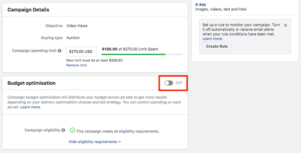 Facebook kampanyası bütçe optimizasyonu seçeneği.