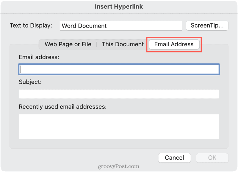 Mac'te Word'de bir e-postaya bağlantı oluşturma