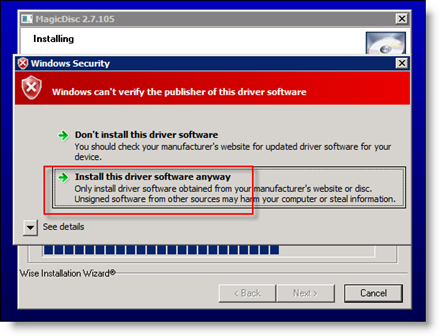 Server 2008 üzerinde MagicISO'nun Sürücü Yüklemesini Kabul Et