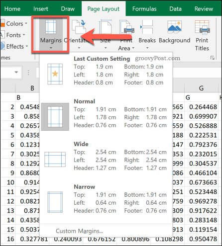 Excel sayfa kenar boşluğu seçenekleri