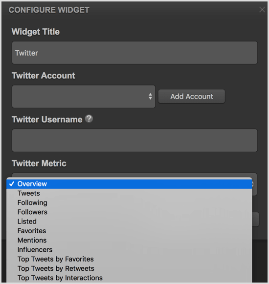 Cyfe, Twitter widget'ını yapılandır