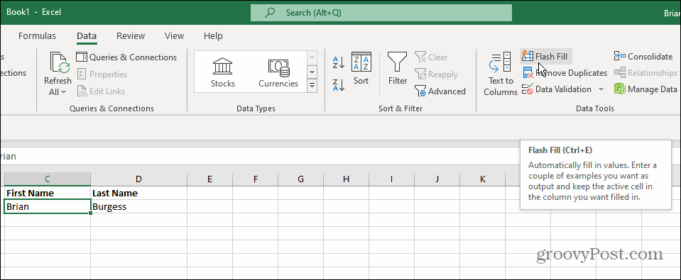 Veri Araçları Hızlı Doldurma Excel
