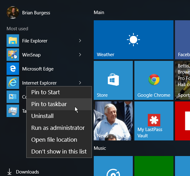 IE Başlat Menüsü Windows 10