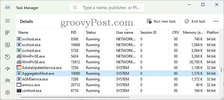 AggregatorHost.exe, Görev Yöneticisi'nde görüldüğü gibi arka planda çalışıyor