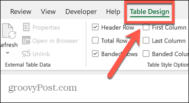 excel tablo tasarım menüsü