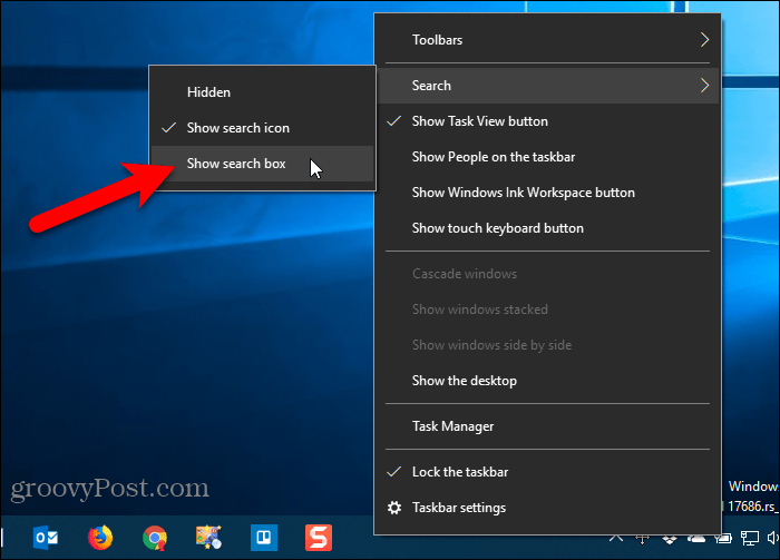 Windows 10'da arama kutusu Görev çubuğu ayarını göster