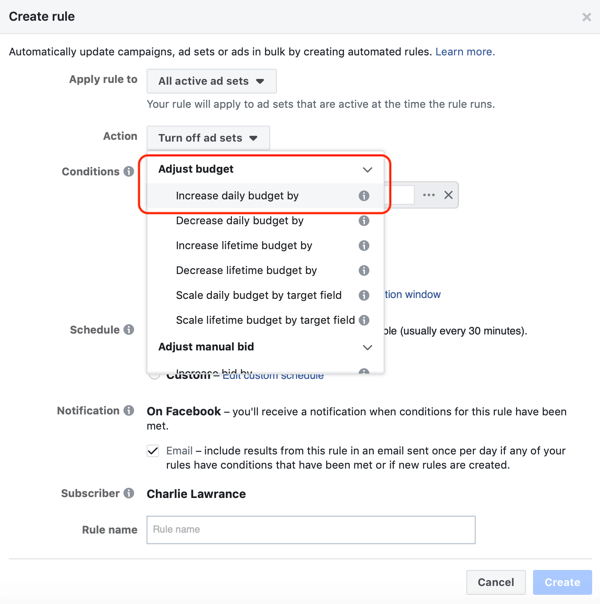 Facebook otomatik kurallarını kullanın, ROAS 2'den büyük olduğunda bütçeyi artırın, 1. adım, harekete geçin