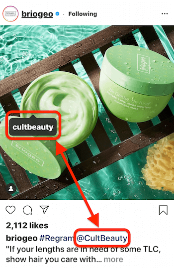 @briogeo tarafından yazılan Instagram gönderisinde, @cultbeauty için bir gönderi etiketi ve @mention başlığı gösteriliyor, ürün görüntüde görünüyor