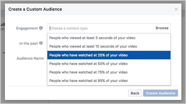 % 25 video görüntülemesine dayalı Facebook özel kitlesi.