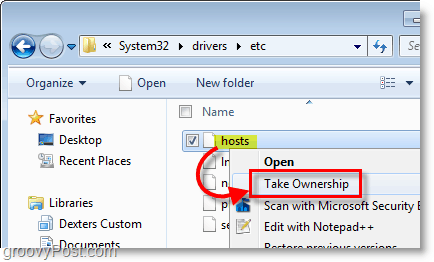 Windows 7 ekran görüntüsü - Windows 7'deki herhangi bir dosyanın sahipliğini almak için sağ tıklama bağlam menüsünü kullanın
