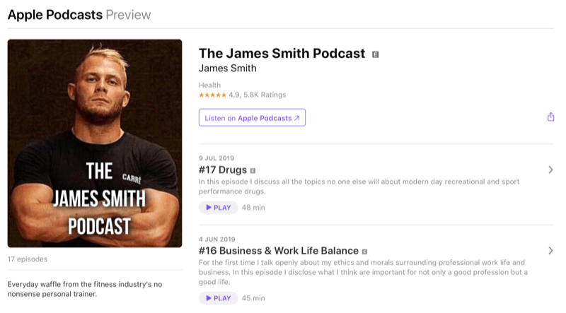 Sosyal medya pazarlama stratejisi; James Smith'in Apple Podcasts'teki podcast'inin ekran görüntüsü. James, fitness alanında tanınmış bir etkileyicidir.