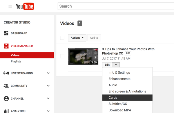 YouTube Video Yöneticinizde, Düzenle'nin yanındaki aşağı oku tıklayın ve Kartlar'ı seçin.