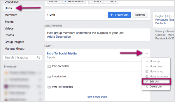 Düzenlemek istediğiniz Facebook grup biriminin sağındaki üç noktaya tıklayın.