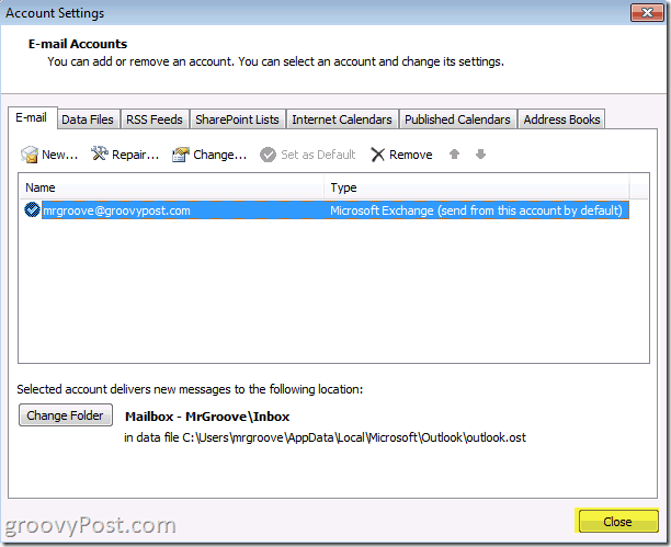Hesap tasarrufundan tasarruf etmek için Outlook 2010 Ekran Görüntüsü kapatma düğmesi