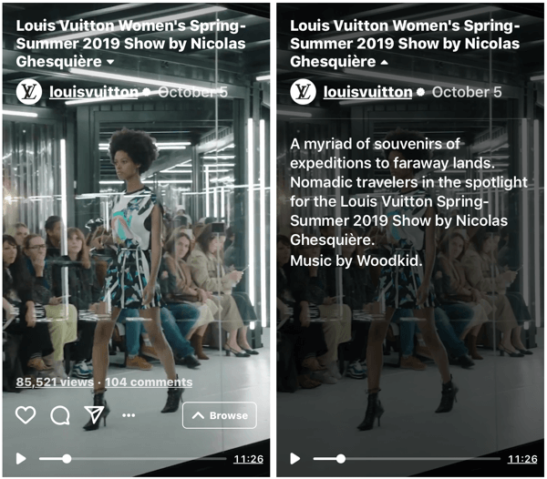 Louis Vuitton'ın 2019 Kadın İlkbahar-Yaz Moda Şovu için IGTV şovu örneği.