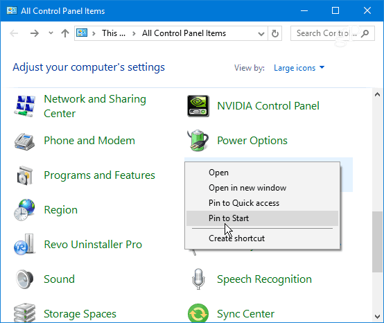 Pin Kontrol Paneli Öğesi Windows 10 Başlat