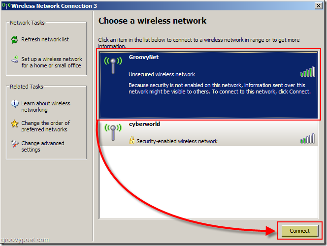 Kablosuz Ağ Seçmek için Windows XP Menüsü Ekran Görüntüsü:: groovyPost.com