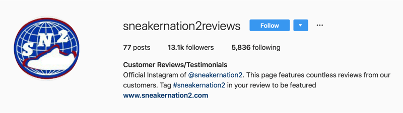 SneakerNation2 incelemeleri için ikincil Instagram hesabı