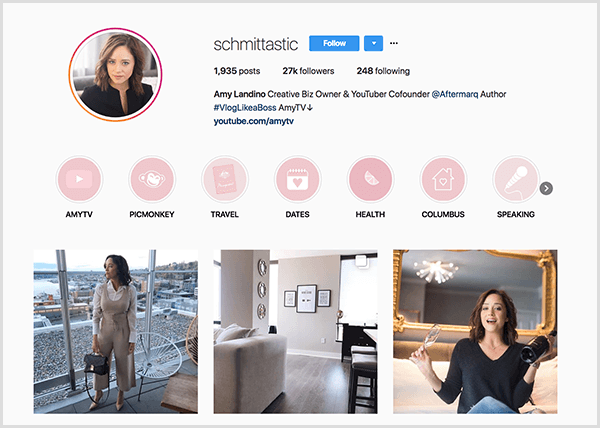 Amy Landino'nun Instagram profili schmittastic tanıtıcısını kullanıyor. Instagram profili, AmyTV, Picmonkey, Seyahat, Tarihler, Sağlık, Columbus ve Konuşma için Öne Çıkanlar kategorilerini gösterir. Fotoğraflar Amy'nin resimlerini gösteriyor.