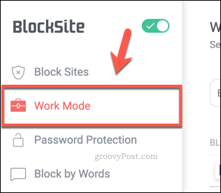 BlockSite Çalışma Modu sekmesi