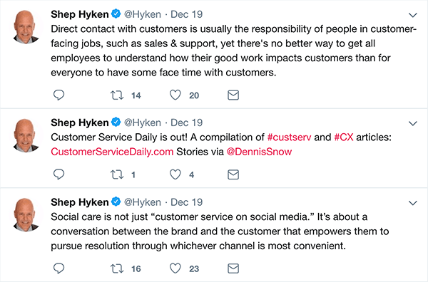 Bu, Shep Hyken'ın müşteri hizmetleri hakkında yaptığı üç tweetin ekran görüntüsü.