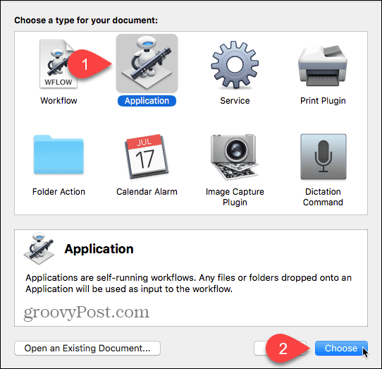 Automator'da belge türü olarak Uygulama'yı seçin