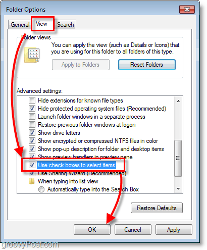 Windows 7 ekran görüntüsü - klasör seçenekleri öğeleri seçmek ve görüntülemek için kutuları işaretlemek