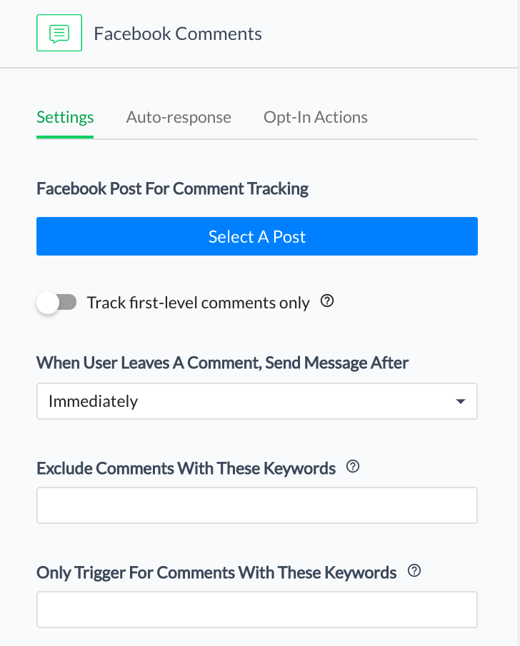 Facebook gönderinizi seçin ve botu tetiklemek için kullanıcıların yorumlara yazacakları anahtar kelimeyi girin.