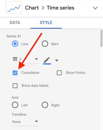 Facebook reklamlarınızı analiz etmek için Google Data Studio'yu kullanın, adım 24, kümülatif veri hattı için grafik stili ayarı