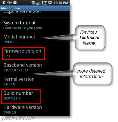 android ürün yazılımı ve sürüm numarası, model numarası da