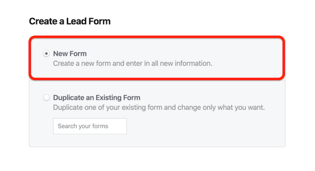 Facebook'ta Yeni Form seçeneği Bir Müşteri Aday Formu Oluştur penceresi