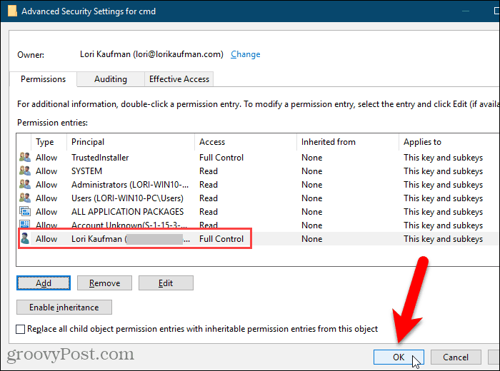 Windows Kayıt Defteri'ndeki Gelişmiş Güvenlik Ayarları iletişim kutusunu kapatın