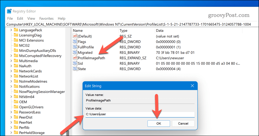 Windows 11 regedit'te Kullanıcı profili yolunu yeniden adlandırın