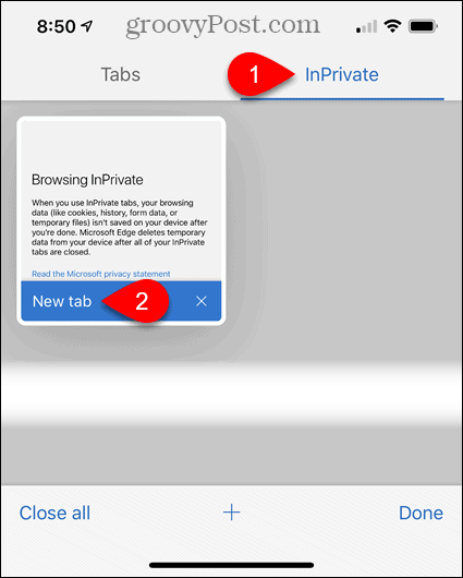 InPrivate'a ve ardından iOS için Edge'de Yeni Sekme'ye dokunun