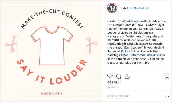 ModCloth, Instagram kullanıcılarından kendi tasarımlarını orijinal gönderilerde paylaşmalarını istedi ve cömert bir teşvik sundu (ödevle orantılı olarak): 500 $ hediye kartı kazanma şansı.