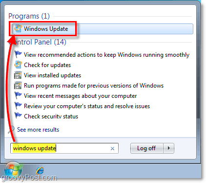 Windows 7'yi başlatın Windows Update: Ekran Görüntüsü