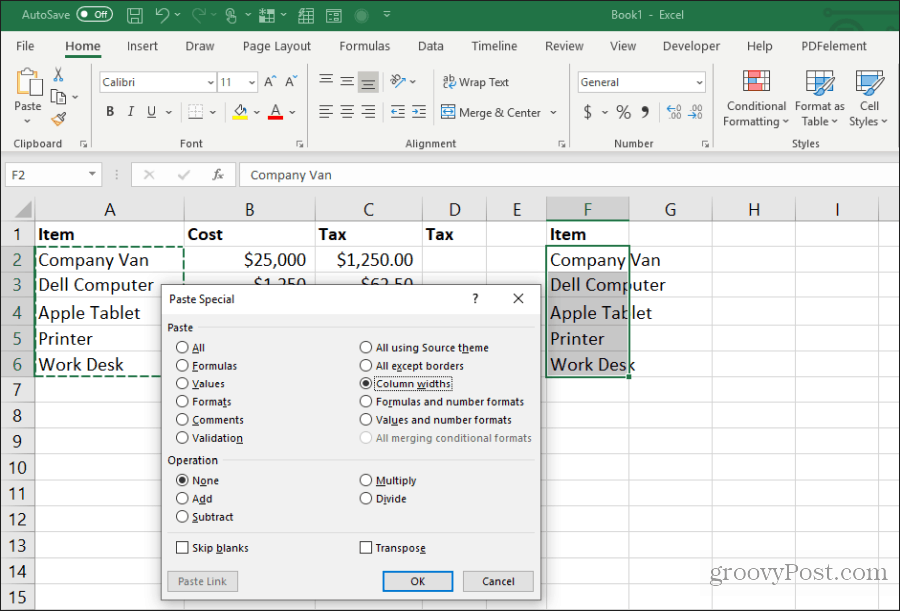 Excel'de sütun genişliklerini yapıştırma