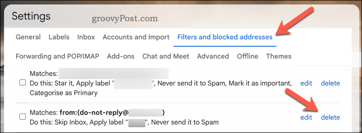 Gmail'deki filtreyi sil düğmesi