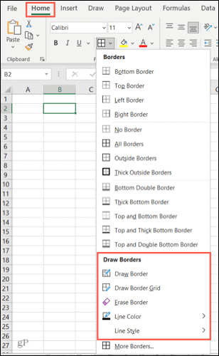 Excel'de kenarlık seçenekleri