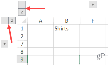 Windows'ta Excel'de Gruplandırılmış Sütunlar ve Satır Numarası Düğmeleri