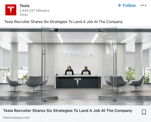 Tesla LinkedIn şirket sayfası yayını örneği.