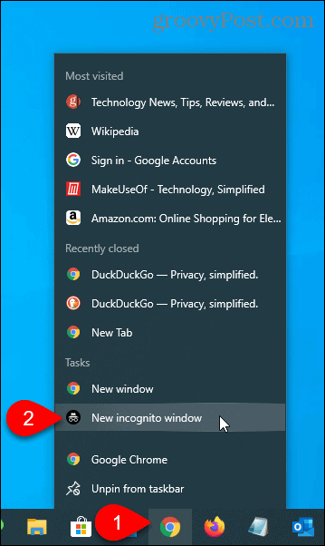 Görev çubuğunda Chrome için Yeni Gizli Pencere'yi seçin