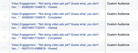 facebook video reklam etkileşim listeleri