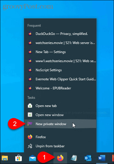 Görev çubuğunda Firefox'ta Yeni Özel Pencere'yi seçin
