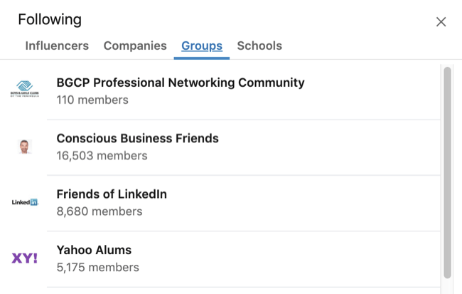 LinkedIn profili, Grup sekmesi seçili İlgi Alanları kutusunu genişletti