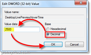 dword özelliklerini Ondalık olarak ayarlayın ve verileri Windows 7 için 2500 olarak ayarlayın DesktopLivePreviewHoverTime
