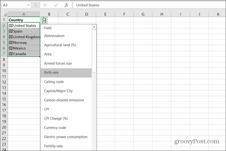 Excel'de ülke coğrafya verilerini seçme