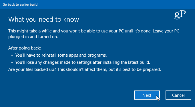 Windows 10'un önceki sürümüne geri dönmeyle ilgili ayrıntılar